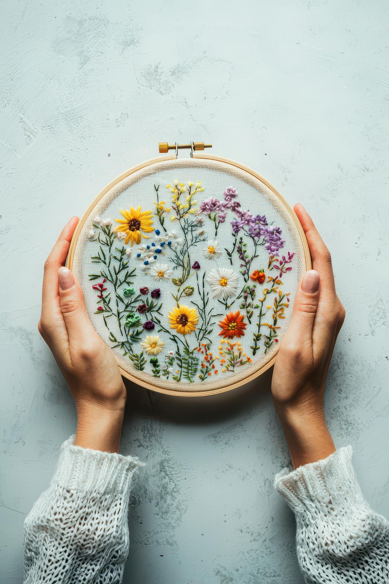 hands holding an embroidery hoop with bold floral pattern